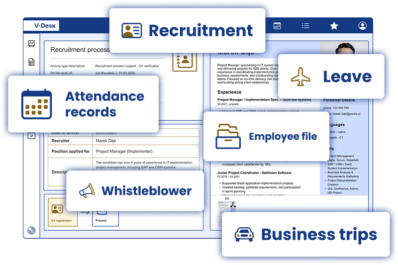V-Desk system supporting HR processes, document management, and employee records.