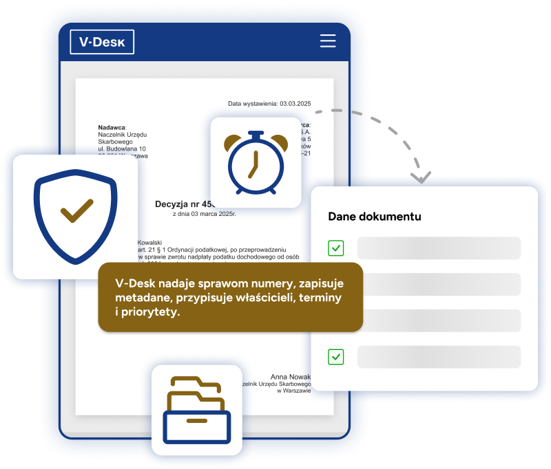 V-Desk nadaje dokumentom numery, metadane, przypisuje właścicieli, terminy i priorytety.