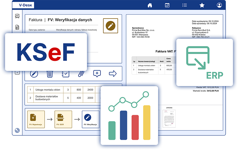 Faktury i księgowość 1 V-Desk to idealne narzędzie do obsługi faktur i księgowości w obiegu dokumentów