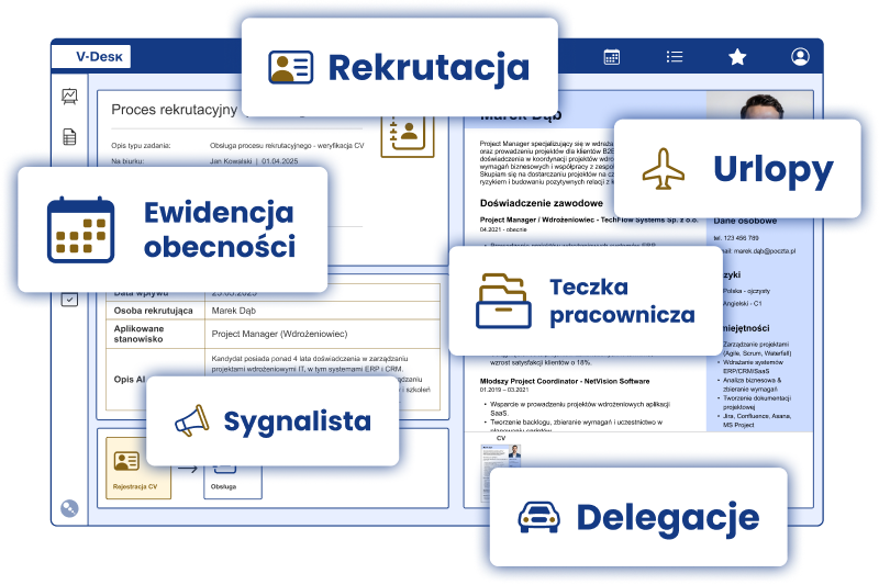 System V-Desk wspierający procesy HR, zarządzanie dokumentami i ewidencję pracowników.