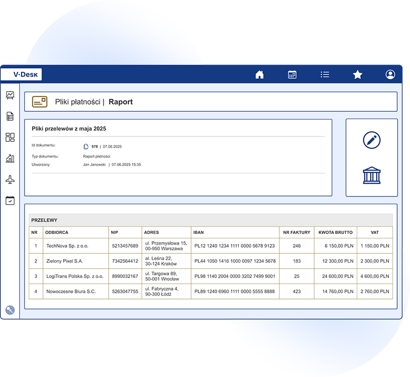 Pliki płatności 1 Eksport gotowych plików do obsługi płatności bankowych w systemie V-Desk za pomocą gotowej aplikacji Pliki Płatności
