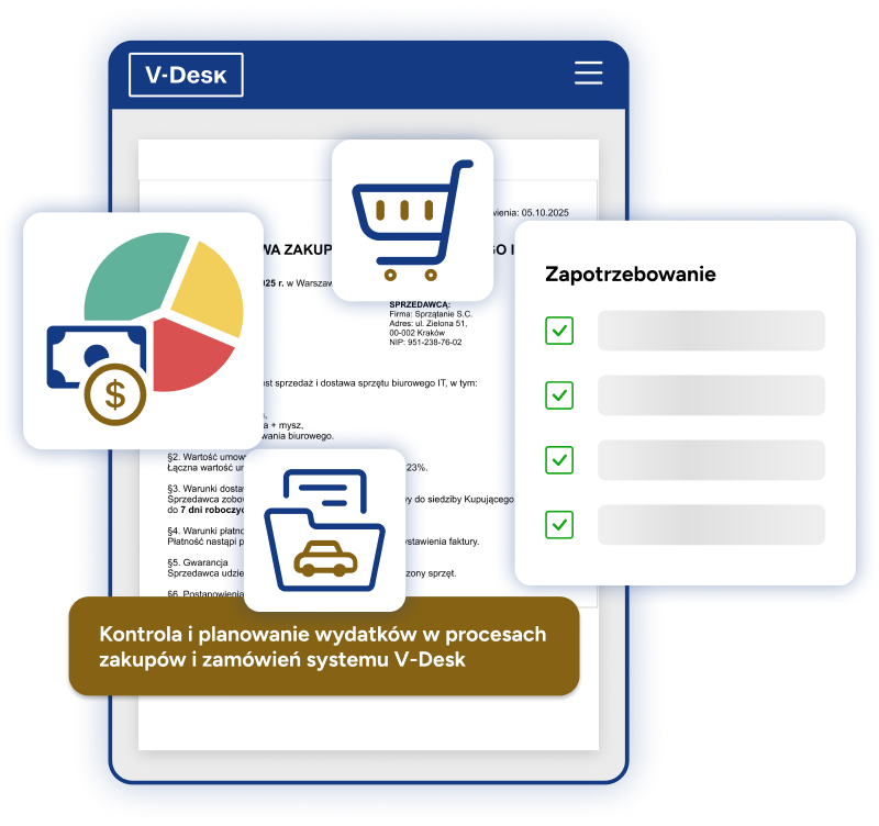 System V-Desk wspierający automatyzację zakupów, zatwierdzanie zamówień i kontrolę wydatków.
