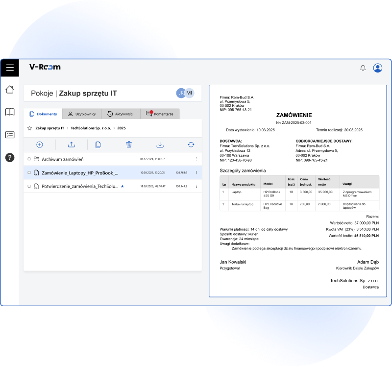 V-Room 1 V-Room – system do przechowywania i udostępniania dokumentów elektronicznych w różnych formatach.