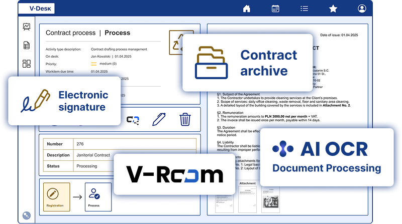 Contracts and archiving 1 Contract workflow and archiving in V-Desk, enhanced with AI OCR, V-Room, and the option to add electronic signatures