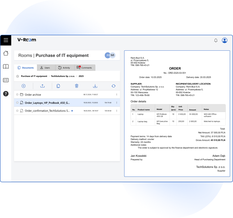 V-Room – a system for storing and sharing electronic documents in various formats.
