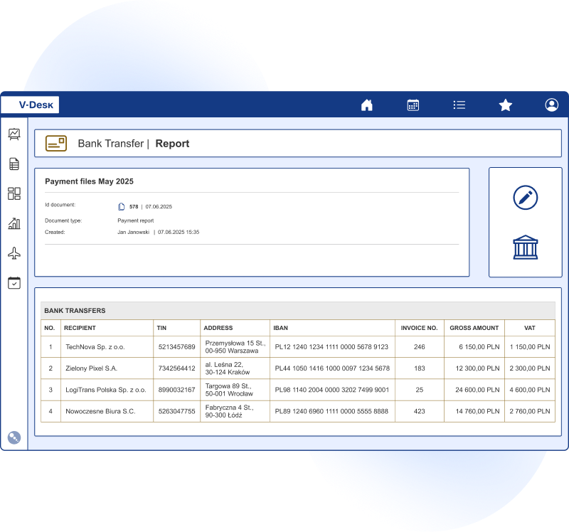 Payment Files 1 Export of ready-to-use files for bank payment processing in V-Desk using the Payment files application