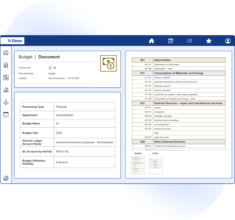 V-Desk panel for budget management with data visualization and cost analysis.