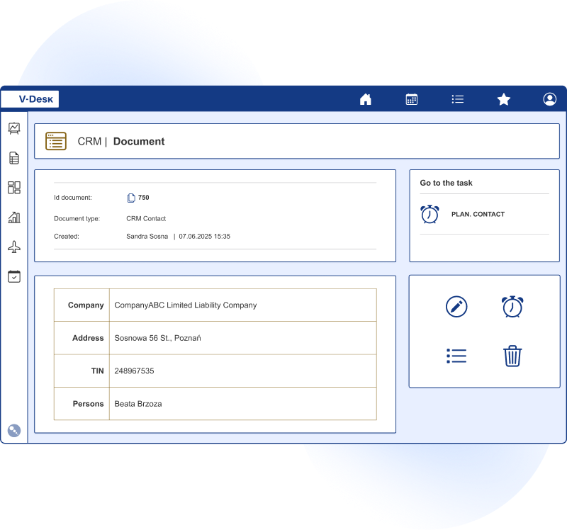 V-Desk CRM for organizing customer data and enabling effective business communication.