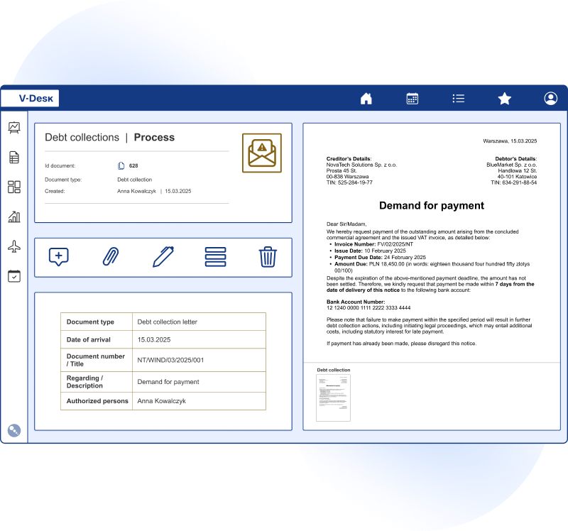 V-Desk system for managing the debt collection process with automated receivables monitoring.