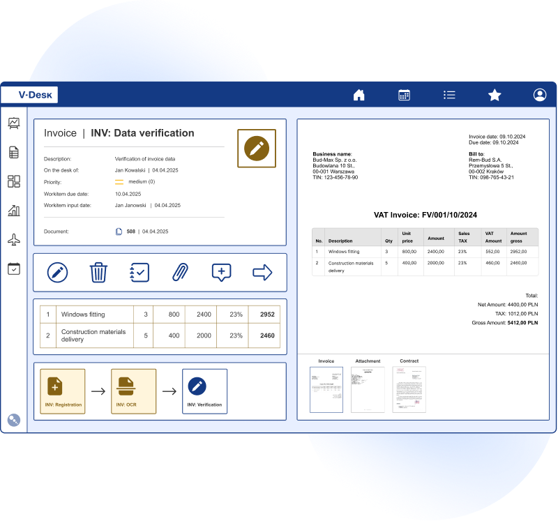 Invoice workflow 1 Electronic invoice workflow integrated with the National e-Invoicing System (KSeF) in the V-Desk system.