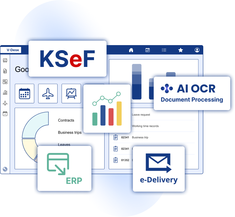 V-Desk electronic workflow 1 V-Desk – an electronic document workflow system featuring AI OCR for intelligent document processing, supporting KSeF and e-Delivery, integrating with any ERP system, and enabling business data analytics in Power BI.