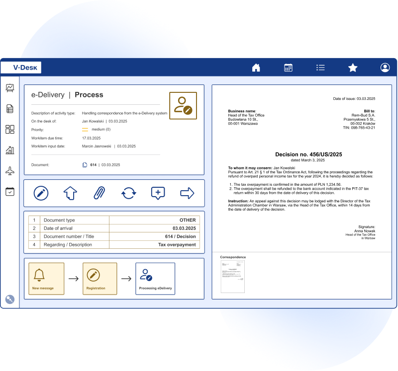 V-Desk integrates the e-Delivery system with correspondence workflows within the organization.
