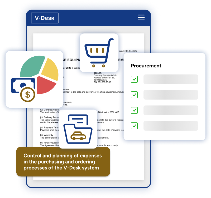 V-Desk system supporting purchase automation, order approvals, and expense control.